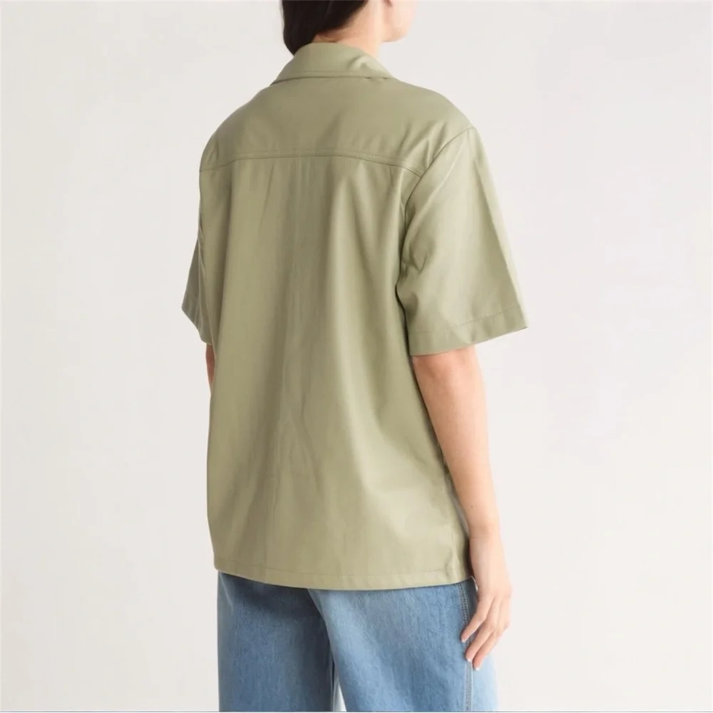 NWT Topshop Sage Green Faux Leather Short Sleeve Shacket - Size 6 - Picture 2 of 7